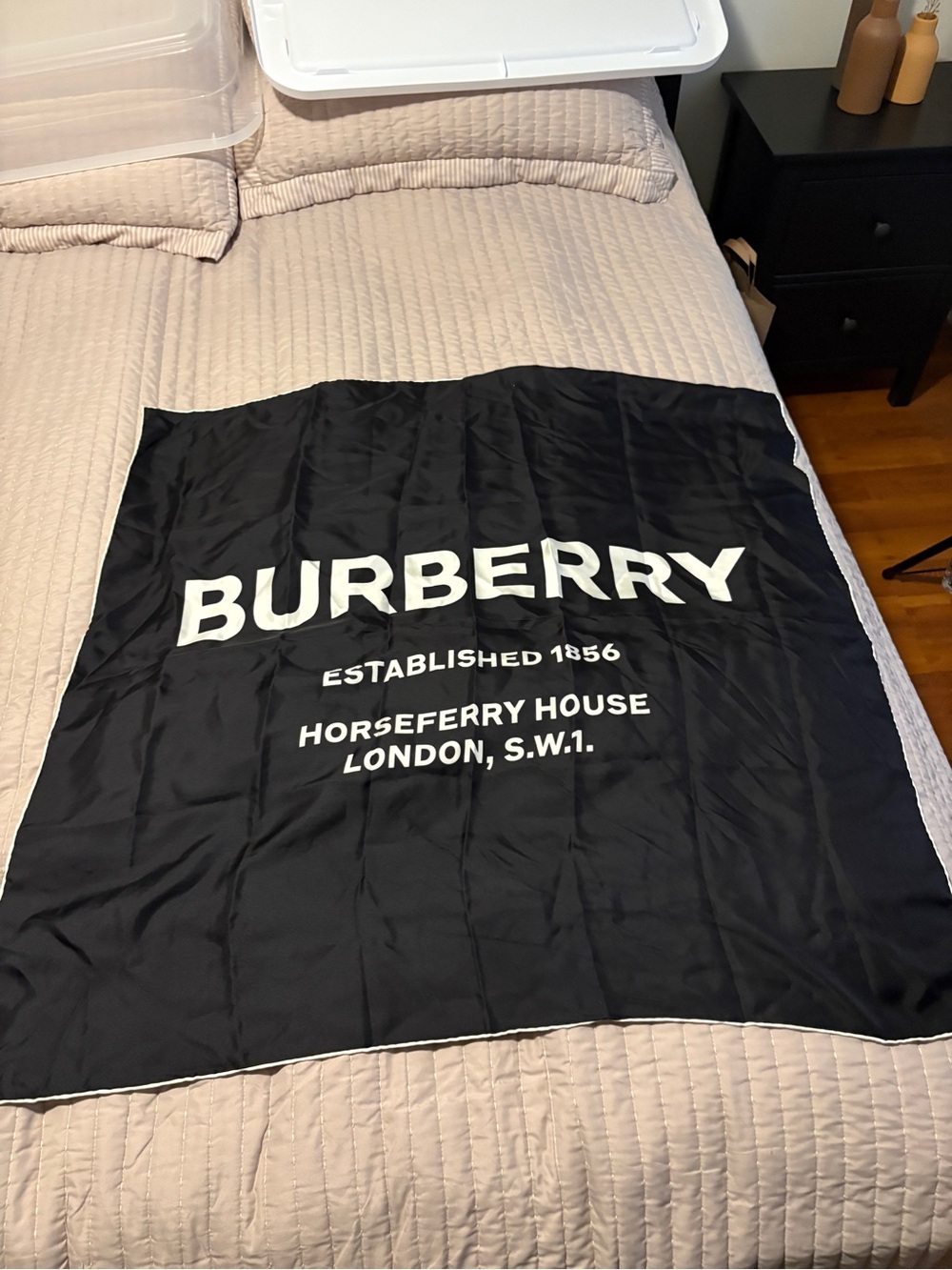 Burberry Black Silk Logo Throw with White Text